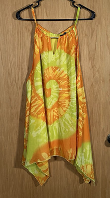 Women's 3X Tie Dye Top Strappy Chiffon Sharkbite Hem Halter Indie Festival Beach