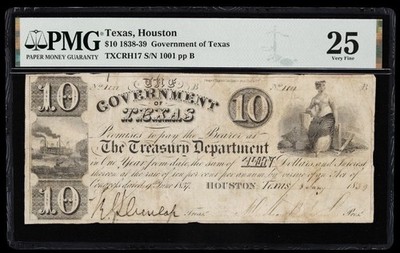 Republic of Texas 1838-39 Houston, $10 Treasury Government Banknote Currency PMG