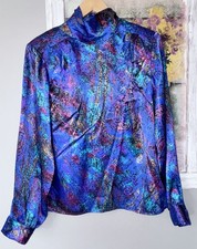 Vtg 80s Notations Multicolor Marbled Polyester Mock Neck Top Blouse Sz 10/M
