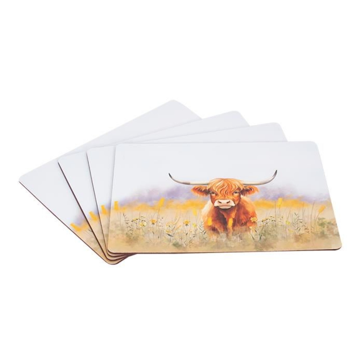Placemat Set of 4 Highland Cow Design Rectangle MDF Cork Anti-Slip Tableware