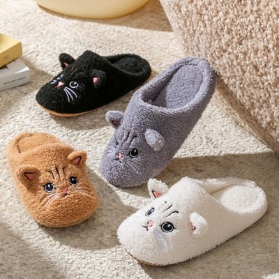 Women Winter Slippers Cute Cartoon Cat Design Indoor Warm Plush Cozy Soft Shoes