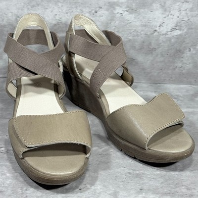 Bussola Zumaia Wedge Sandals Hook and Loop Open Toe Taupe Leather Size 10-10.5