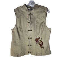 Christopher  Banks Embroidered Vest Beige Denim Studded Fall Floral Button L
