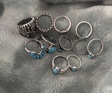 Lot Of 11 Silver Tone Rings Faux Turquoise And Others