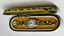 LIMOGES FRANCE BOX - EXOTIC LEOPARD PRINT CASE & PORCELAIN WATCH INSIDE