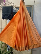 Orange Stone Work Saree Black Blouse Indian Traditional Ethnic Sari