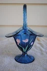 Fenton Cobalt Blue Handled Texture Basket Painted Flowers Signed  Embossed Logo