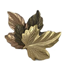 Tri Color Autumn Leaf Brooch Gold Copper Tone Brown 3D Triple Fall Pin 3"