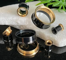 PAIR Black & Gold Internally Threaded Tunnels Plugs Earlets Gauges 3mm thru 25mm