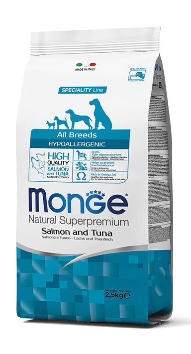 Monge Cane All Breeds Crocchette con intolleranze Salmone Tonno Kg.2,5