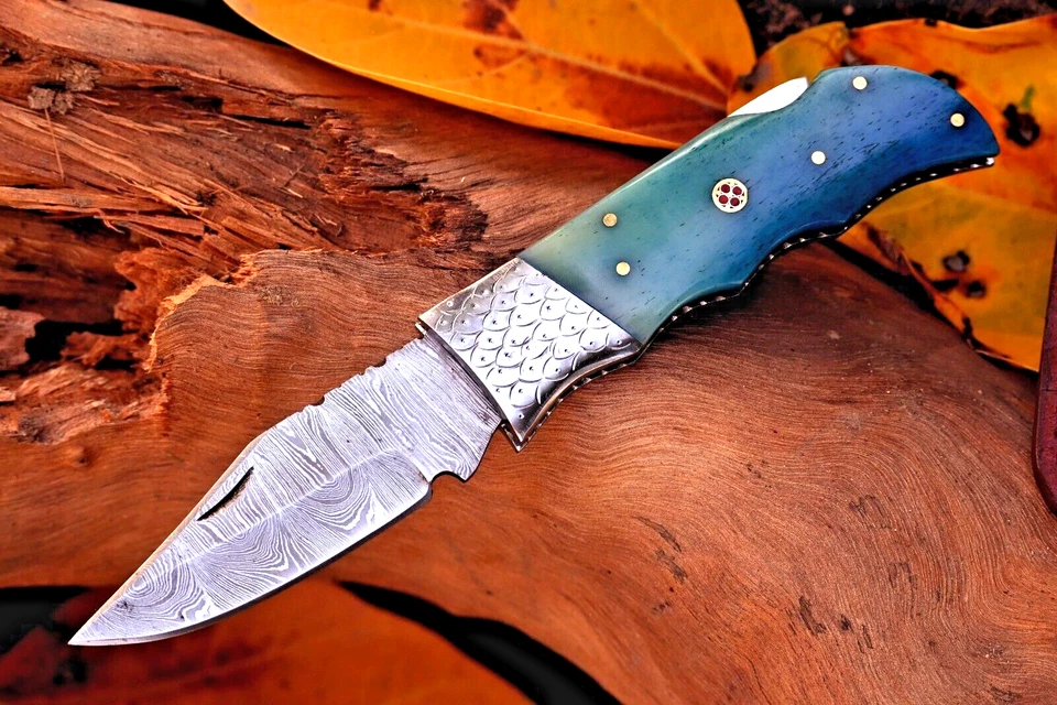 NAVAJA DE BOLSILLO HECHA A MANO FORJADA ACERO DAMASCO HOJA PLEGABLE CON FUNDA 2584 Foto 2 de 4