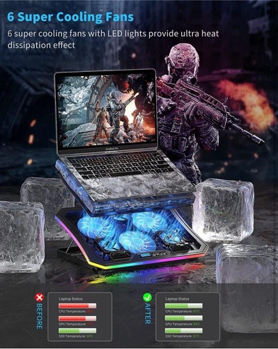 Gaming Laptop Cooling Pad Colorful RGB Light USB Port Powered Adjustable Height - Picture 2 of 6