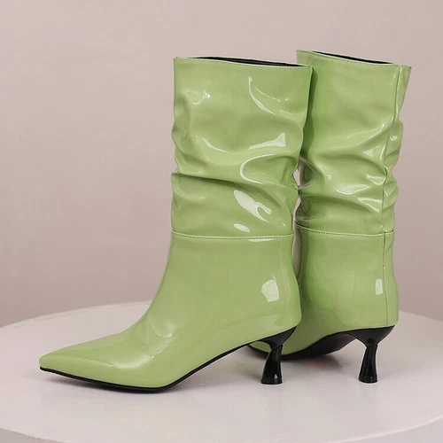 Halbhohe Damenstiefel Pfennigabsatz spitz zulaufend glänzendes Leder zum Überziehen Damen Bootie - Bild 18 von 23