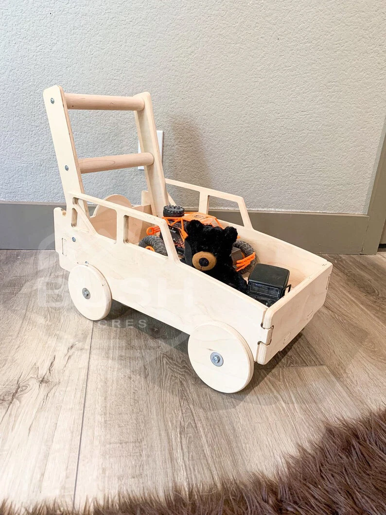 Montessori Wooden Push Wagon Baby Walker & Toy Cart Handcrafted - 18.5" Tall