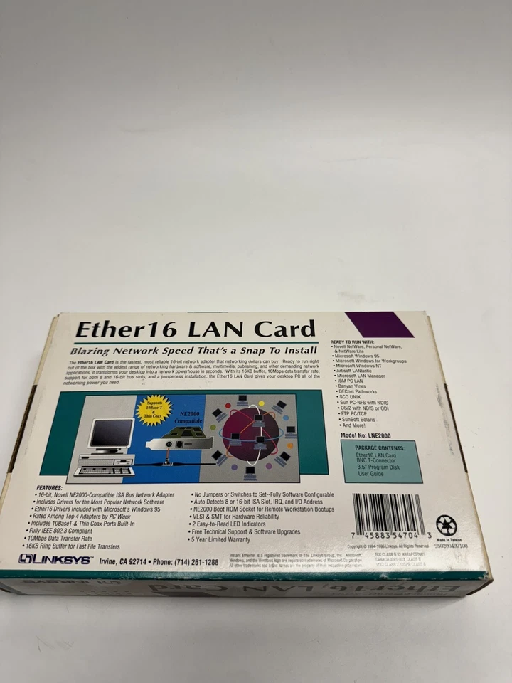 NEW Linksys Ether16 10BaseT LAN Card NOS NEW SEALED Vintage 90s 1997 Plug-N-Play - Image 4 of 4