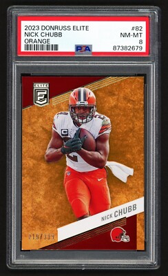 2023 PANINI DONRUSS ELITE NICK CHUBB #82 ORANGE /399 SP PSA 8 NEAR MINT-MINT