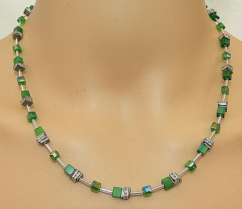 Würfelkette Halskette Collier Cat Eye Kristallglas grün dunkelgrün Strass 502s - Bild 2 von 4