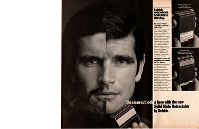 1968 Schick Solid State Retractable Cordless Shaver Before After 2-Page Print Ad