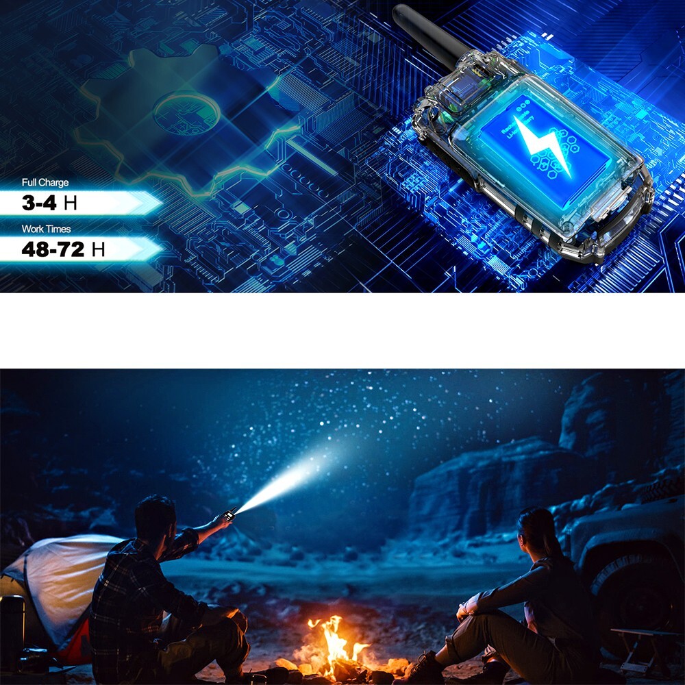 LONG RANGE WALKIE TALKIE 2 SET USB-C RECHARGEABLE LED FLASHLIGHT FRS VOX NOAA