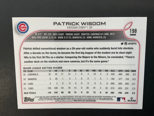 Patrick Wisdom 2022 Topps Chrome Sepia Refractor Parallel #198 - Picture 2 of 2