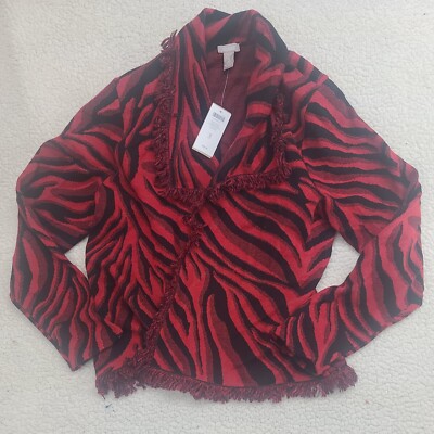 Chicos Cropped Drape Cardigan Sweater Fierce Tigress Red Black Fringe Womens 3