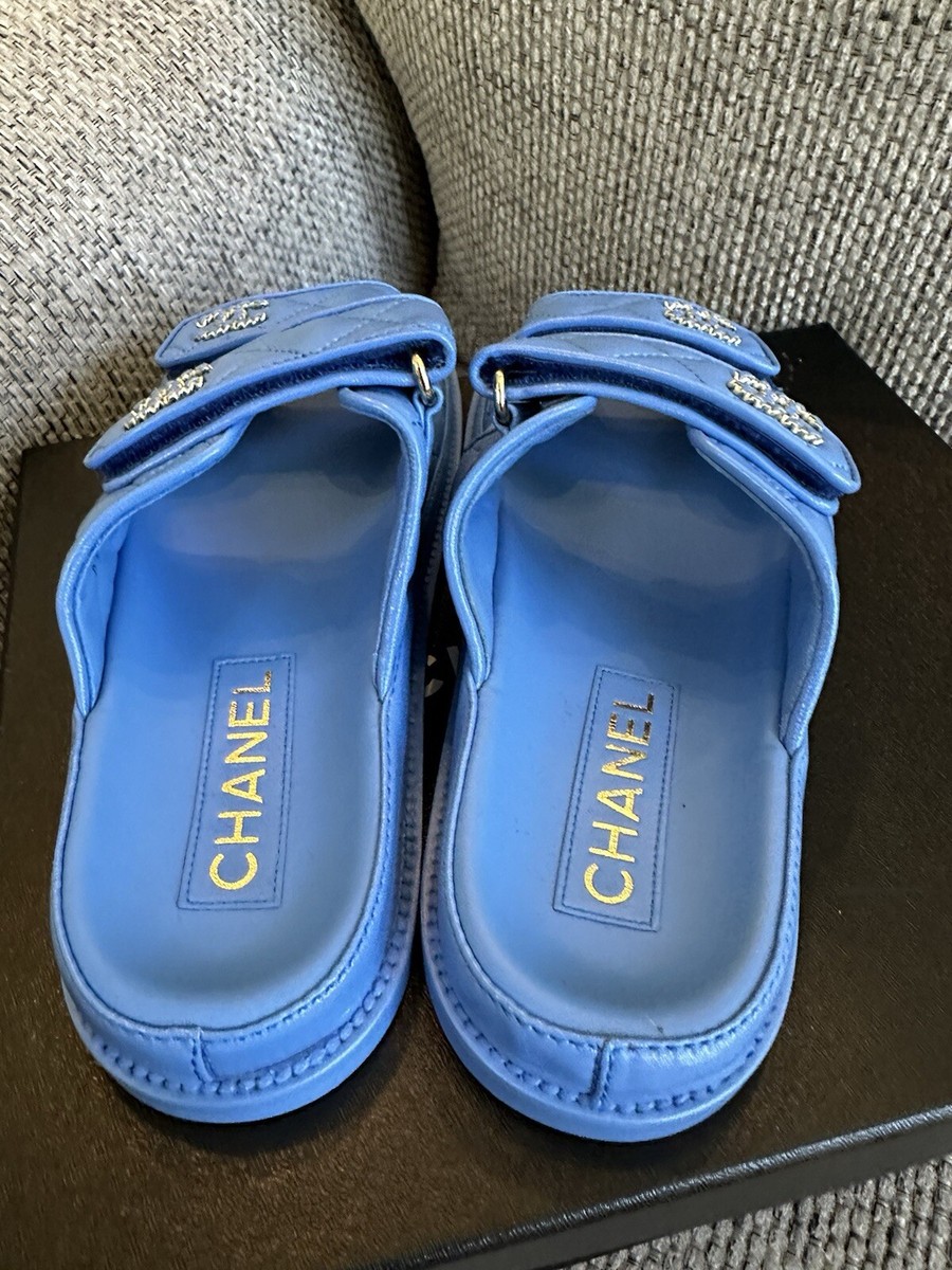 Size 37EU NEW CHANEL 24P Blue Lambskin DAD SLIDE sandals G45507 w