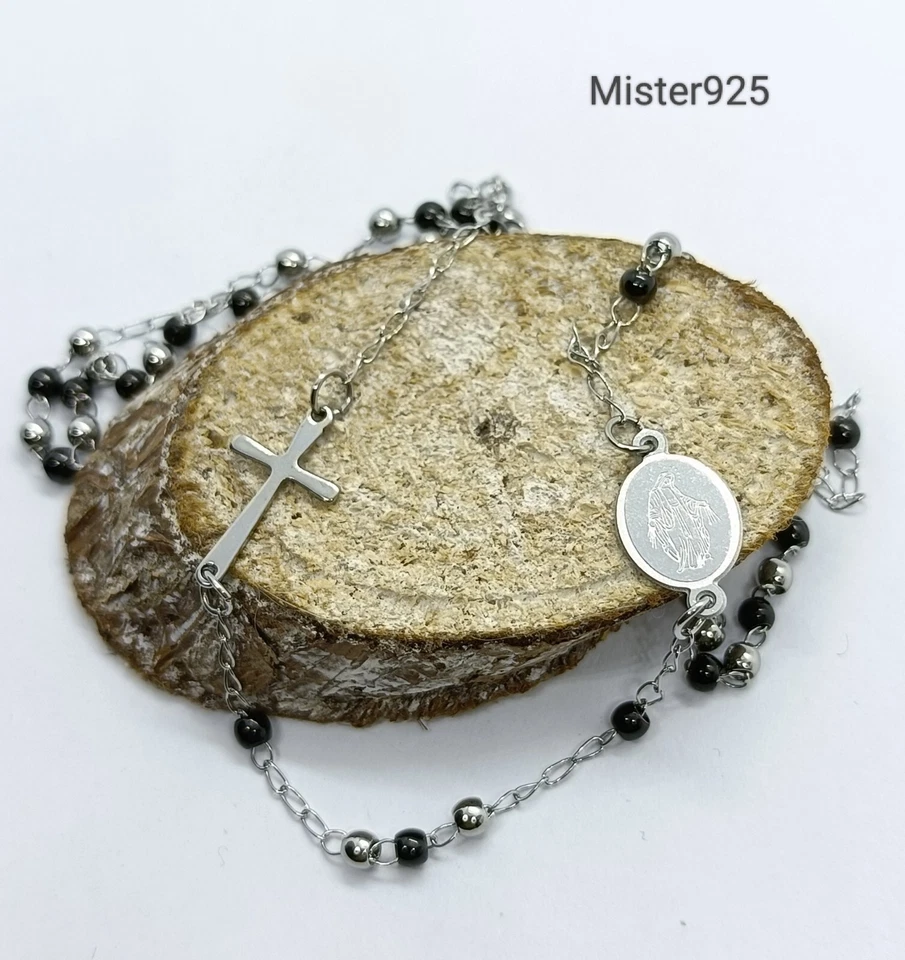 Collana girocollo rosario acciaio inox palline smalto nero uomo donna - Immagine 3 di 4