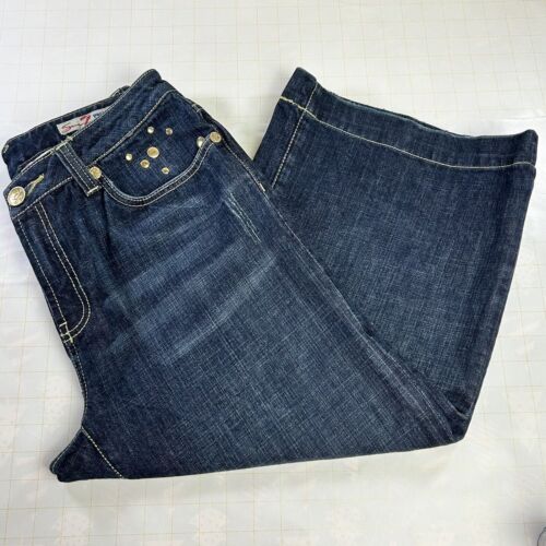 Seven7 Cropped Jeans Women 14 Limited Edition Blue Raw Hems Studded Wide Leg - Picture 3 of 15