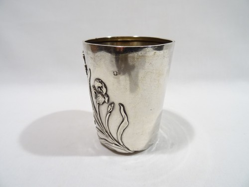 ANCIENNE TIMBALE GOBELET ART NOUVEAU DECOR IRIS MONOGRAMME EN ARGENT MASSIF - Bild 5 von 13