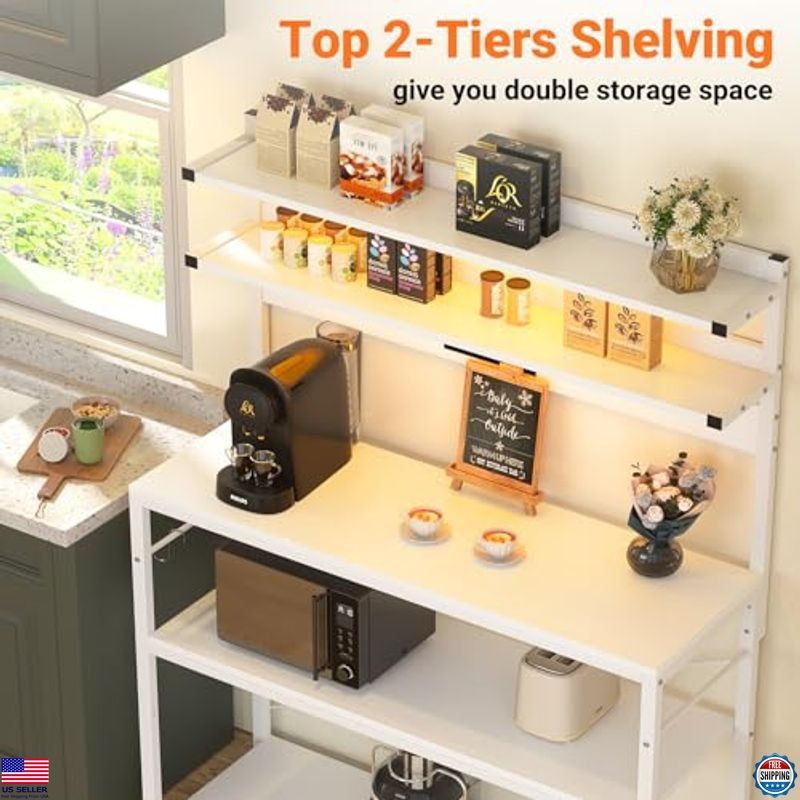 Bakers Rack with Power Outlet, 5-Tier Microwave Stand & LED Lights, White