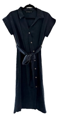 ZARA Basic Navy Blue Shirt Dress Midi Button Front Belted Womens XS