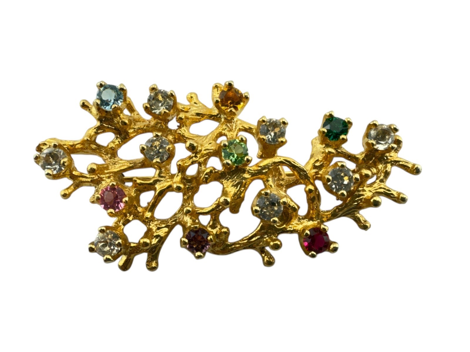 Vintage Ster. PC Brooch Pin Multi Color Rhinestone Crystal Gold Branch Tree 