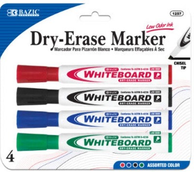 BAZIC Assorted Colors Chisel Tip Dry-Erase Markers (4/Pack) [1257]