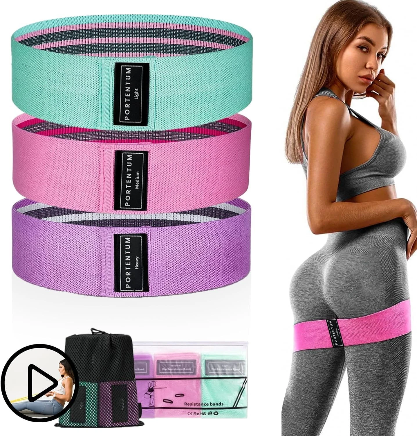 PORTENTUM Resistance Bands Set of 3, Elastic Standard, Green, Pink, Purple
