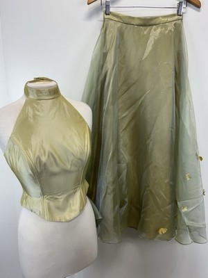 Vtg Cache 2 Pc Maxi Skirt Set 4 Green Halter Top Chiffon Skirt Y2K Fairy Whimsy