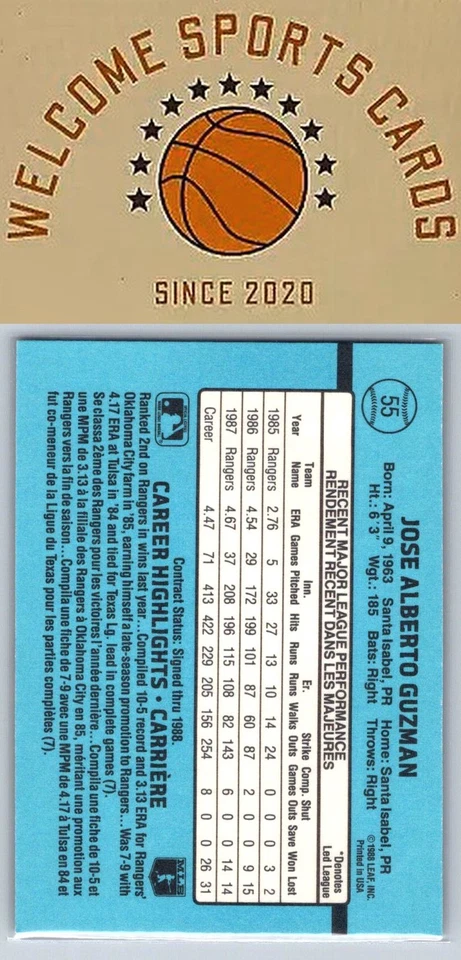 1988 Leaf #55 Jose Guzman - Image 2 of 2