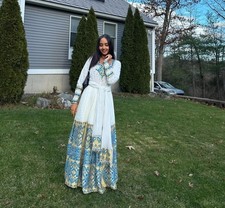 Ethiopian Long Dress   White with Blue  Gold Cultural Embroidery