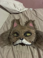 Handmade Gray Cat Half Face Faux Fur Mask w/ Ears, Elastic Strap, One Size ASH