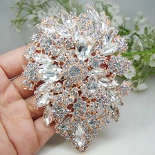 Rose Gold Tone Bride Drop Flower Wedding Brooch Pin Clear Crystal Rhinestone