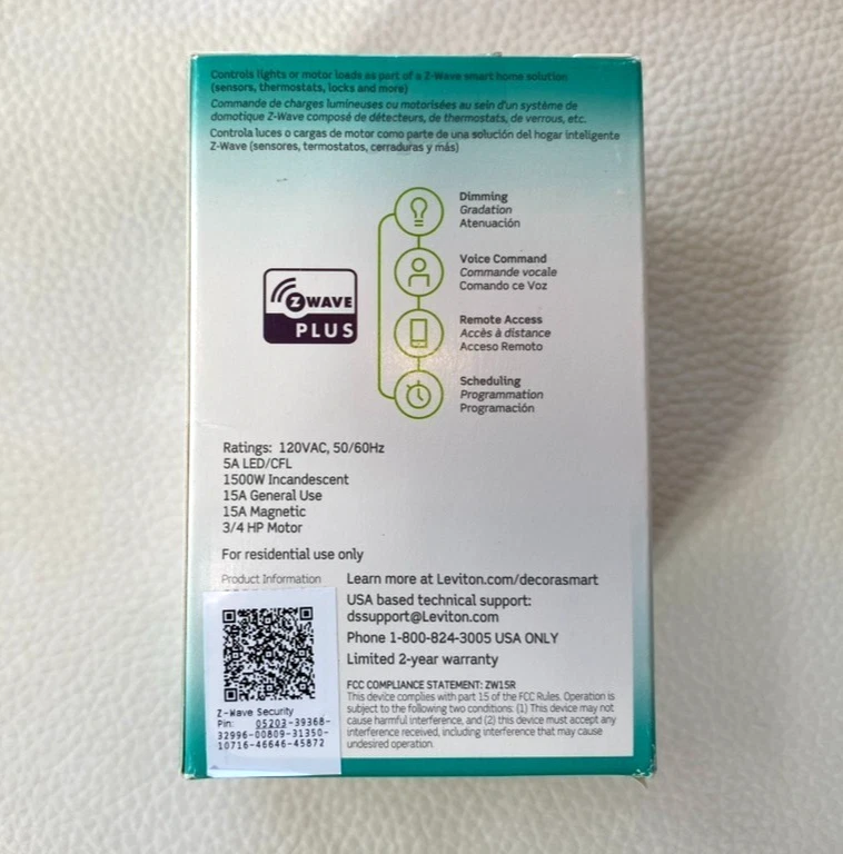 Toma de corriente inteligente Leviton Z Wave Plus Decora con control por voz 15A Foto 2 de 3