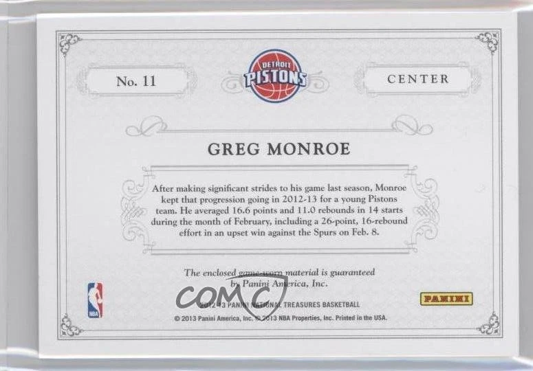 2012 Panini National Treasures Colossal Materials Jersey Number /99 Greg Monroe - Image 2 of 2