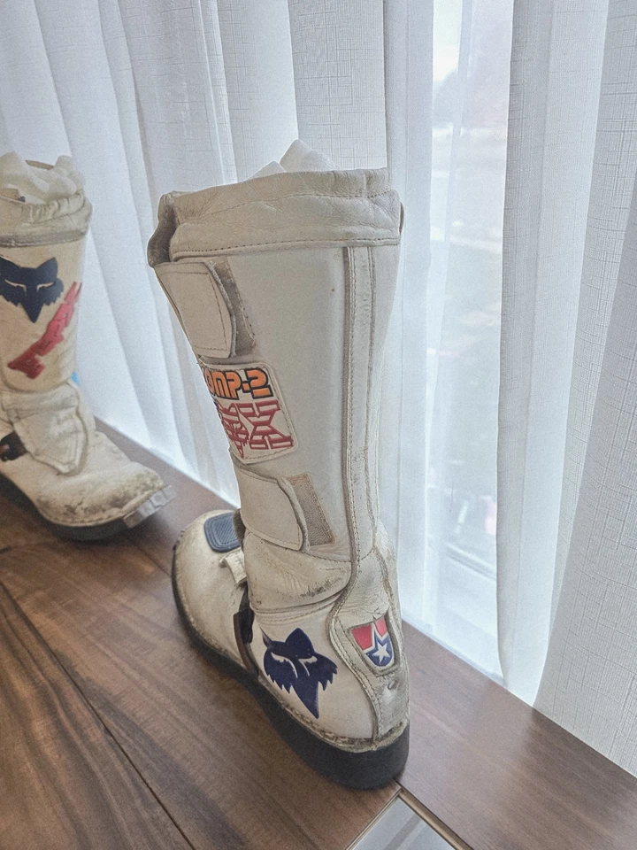 Botas de motocicleta Fox Comp 2 Rick Johnson 1986 blancas de cuero suave talla 10 EE. UU. Foto 3 de 4