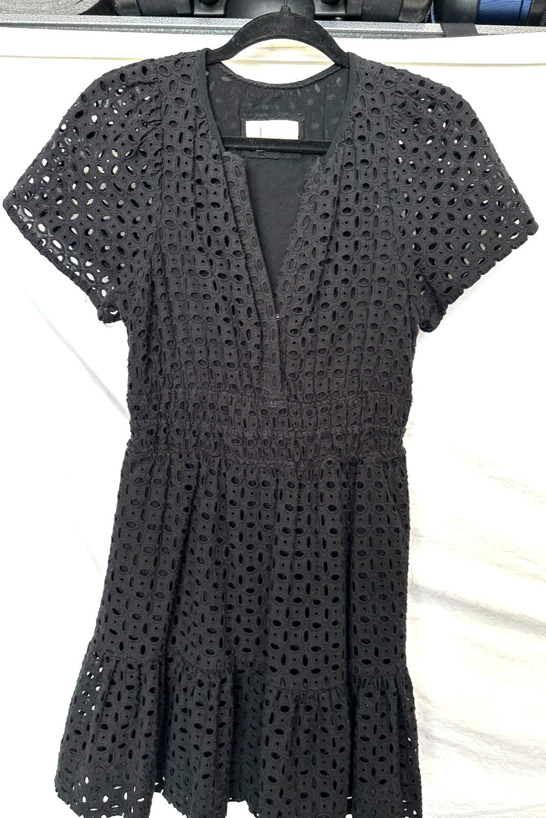 Anthropologie Size Small Black Eyelet Ruffle Hem Smocked Waist Lined Mini Dress