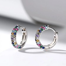 Rainbow Colorful Zircon Half-Hoop Earrings - Silver-Tone Mini Hoop for Women