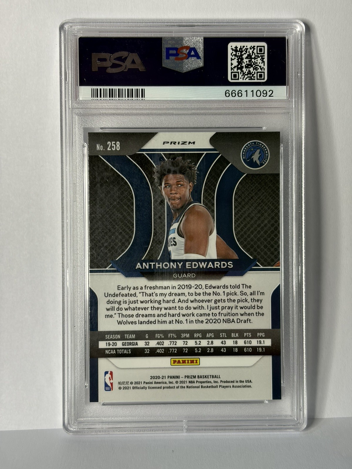 2020-21 Panini Prizm Anthony Edwards RC Rookie Silver Prizm #258 PSA 9 view 4