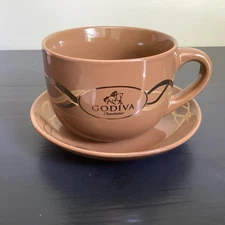 California Pottery GODIVA Chocolatier Mug & Saucer 16oz Brown w/Gold Design 2008