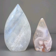 Lot Of 2 Polished White Moonstone & Flower Agate Ornament Flames - USA