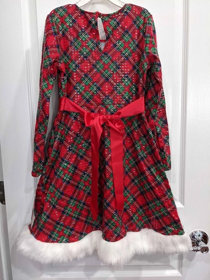 Bonnie Jean Girls Red Plaid Multi Christmas Santa Fur Special Occasion Dress - Image 3 of 4