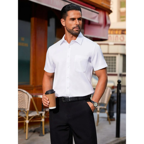 New Men's Large Short Sleeve Cotton Dress Shirt Wrinkle-Free Business Fast Ship - Picture 2 of 6