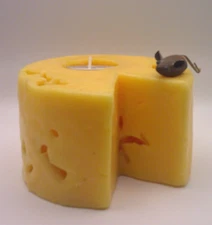 Cheese Shaped 3”x5” Yellow Wax Candle with Wood Mouse Burns Tealights Retro